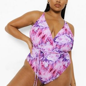 🎉Plus Marble Print Plunge Wrap Swimsuit